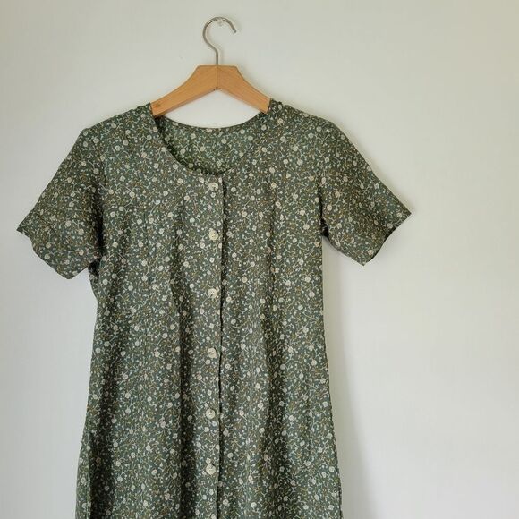 Hand Sewn Floral Green Maxi Dress Scoop Neck Button Down XS/S - Picture 7 of 10